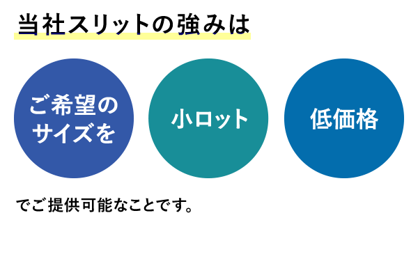 当社スリットの強みは　ご希望のサイズを　小ロット　低価格