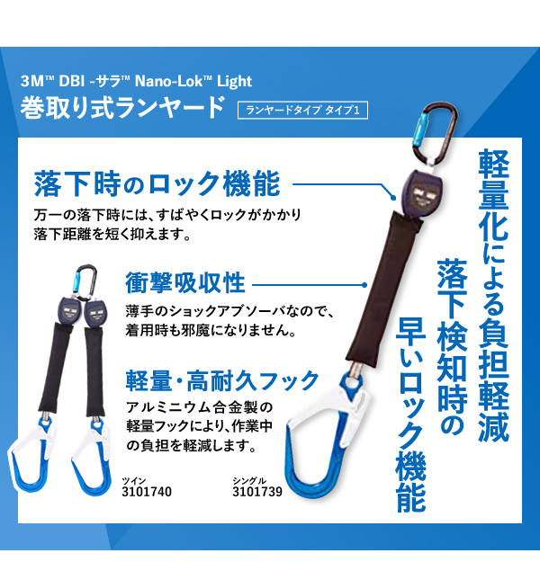 ３Ｍ™ DBI -サラ™ Nano-Lok™ Light 巻取り式ランヤード ランヤードタイプ タイプ1,軽量化による負担軽減 落下検知時の早いロック機能,落下時のロック機能 万一の落下時には、すばやくロックがかかり落下距離を短く抑えます。,衝撃吸収性 衝撃吸収性,軽量・高耐久フック アルミニウム合金製の軽量フックにより、作業中の負担を軽減します。,シングル3101739 ツイン3101740