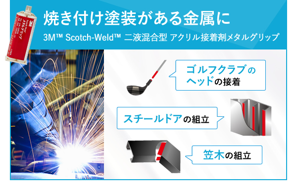 焼き付け塗装がある金属に3M™ Scotch-Weld™ 二液混合型 アクリル接着剤メタルグリップ,ゴルフクラブのヘッドの接着 スチールドアの組立 笠木の組立
