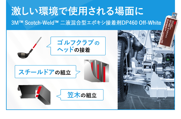 激しい環境で使用される場面に3M™ Scotch-Weld™ 二液混合型エポキシ接着剤DP460 Off-White,ゴルフクラブのヘッドの接着 スチールドアの組立 笠木の組立
