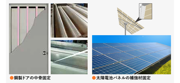 ●鋼製ドアの中骨固定 ●太陽電池パネルの補強材固定