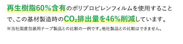 再生樹脂60％含有のポリプロピレンフィルムを使用することで、この基材製造時のCO2排出量を46%削減しています。 ※当社国産包装用テープ製品との比較の一例です。他社製品との比較はできません。